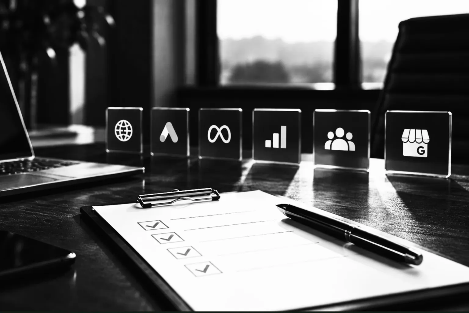 A clipboard checklist on a desk, with icons for a website, Google Ads, Meta, analytics, a CRM and Google Business Profile lined up behind it